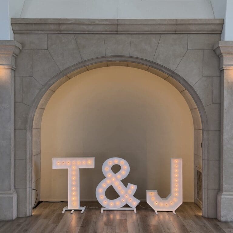T&J initial marquee letters for a wedding at Monserate